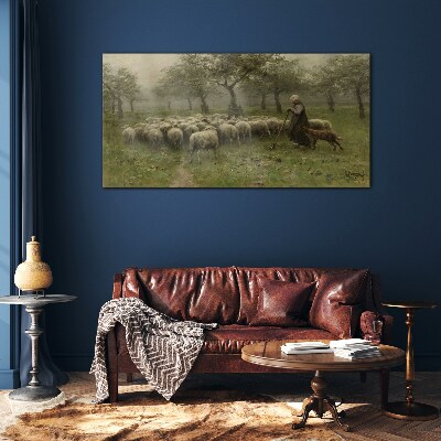 Tableau photo sur verre Des moutons paissent dans un paysage mystique