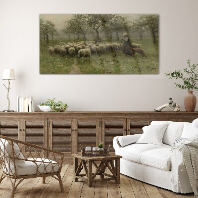 Tableau photo sur verre Des moutons paissent dans un paysage mystique