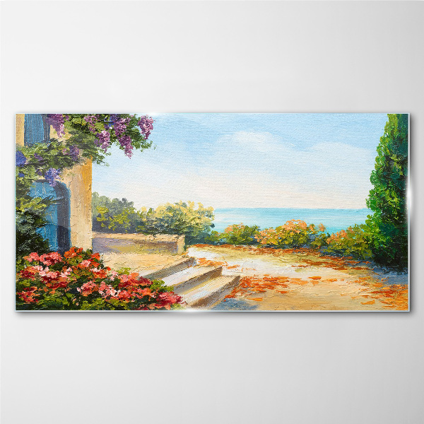 Tableau verre imprimé Paysage de bord de mer avec des fleurs