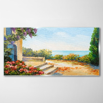 Tableau verre imprimé Paysage de bord de mer avec des fleurs
