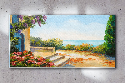Tableau verre imprimé Paysage de bord de mer avec des fleurs