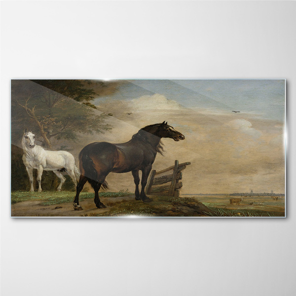 Tableau en verre Un paysage paisible avec des chevaux