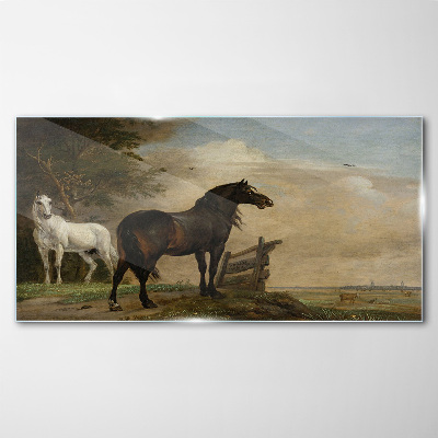 Tableau en verre Un paysage paisible avec des chevaux