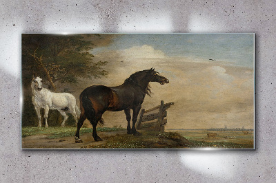 Tableau en verre Un paysage paisible avec des chevaux