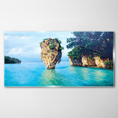 Tableau en verre Une baie calme avec un haut rocher