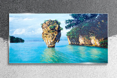 Tableau en verre Une baie calme avec un haut rocher