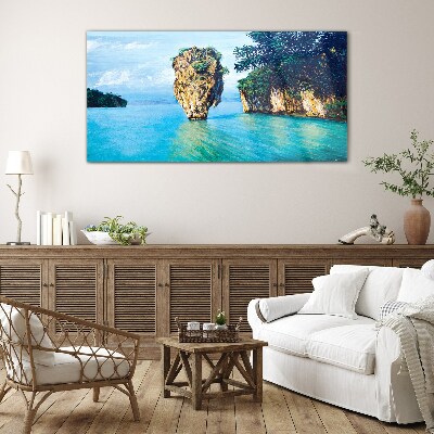 Tableau en verre Une baie calme avec un haut rocher