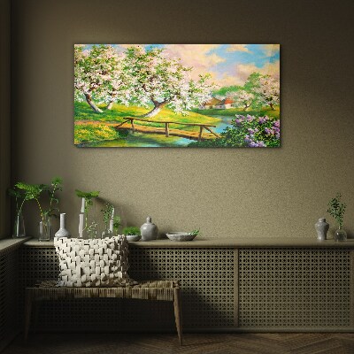 Tableau sur verre Paysage de printemps avec un pont
