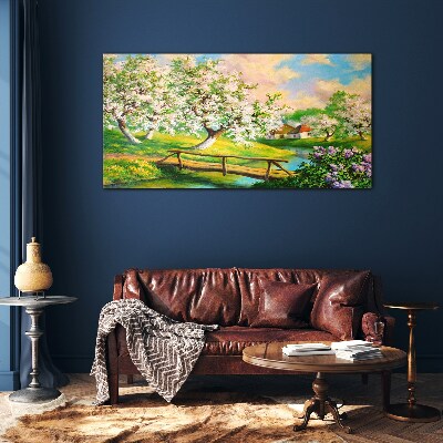 Tableau sur verre Paysage de printemps avec un pont