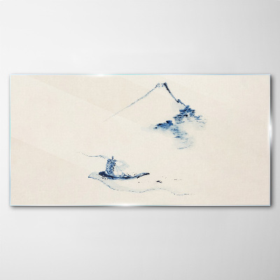 Tableau sur verre Un paysage de montagne paisible avec un bateau