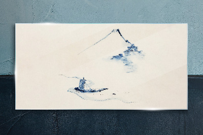 Tableau sur verre Un paysage de montagne paisible avec un bateau
