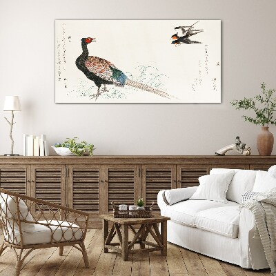 Tableau sur verre Danse du paon dans le paysage printanier