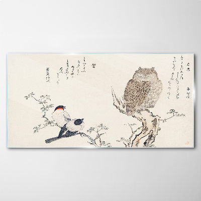 Tableau photo sur verre Des oiseaux et un hibou sur une branche