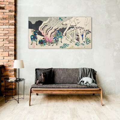 Tableau imprimé sur verre Paysage d'hiver avec des gens autour d'un feu de camp