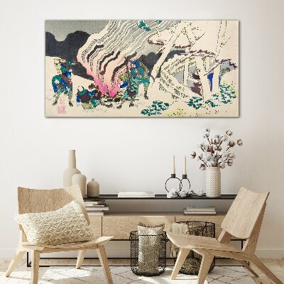 Tableau imprimé sur verre Paysage d'hiver avec des gens autour d'un feu de camp