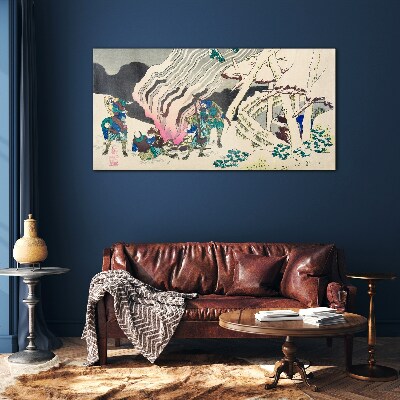 Tableau imprimé sur verre Paysage d'hiver avec des gens autour d'un feu de camp