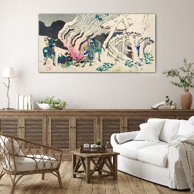 Tableau imprimé sur verre Paysage d'hiver avec des gens autour d'un feu de camp