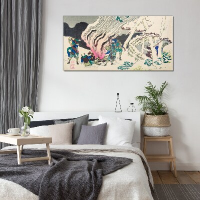 Tableau imprimé sur verre Paysage d'hiver avec des gens autour d'un feu de camp