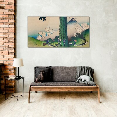 Tableau en verre Village japonais avec un volcan
