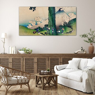 Tableau en verre Village japonais avec un volcan