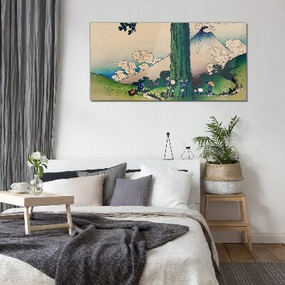 Tableau en verre Village japonais avec un volcan