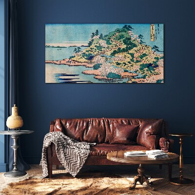 Tableau en verre Paysage de montagne avec des arbres en fleurs