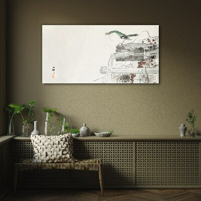 Tableau photo sur verre Un oiseau sur fond de paysage japonais