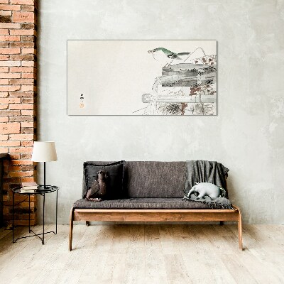 Tableau photo sur verre Un oiseau sur fond de paysage japonais