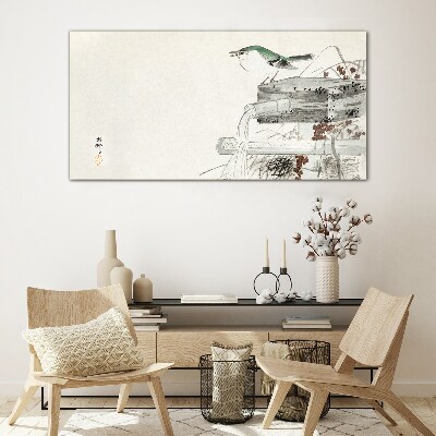 Tableau photo sur verre Un oiseau sur fond de paysage japonais