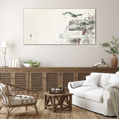 Tableau photo sur verre Un oiseau sur fond de paysage japonais