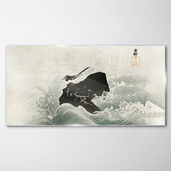 Tableau photo sur verre Un oiseau sur un rocher dans les vagues