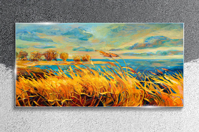 Tableau en verre Herbes dorées sur l'eau bleue