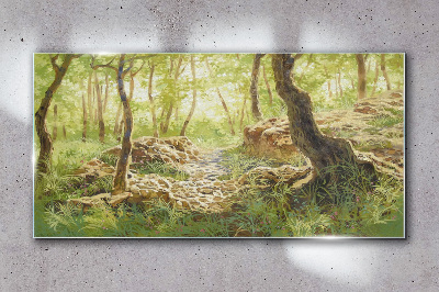Tableau en verre Paysage de forêt verte avec des pierres