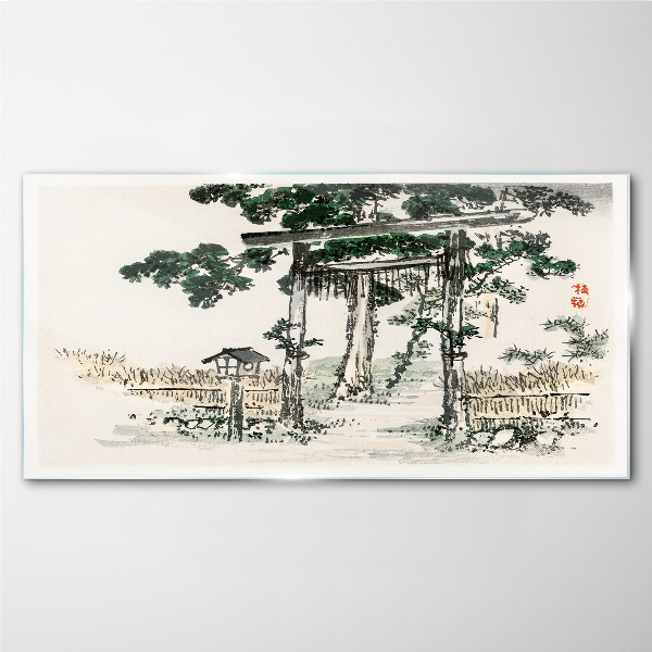 Tableau en verre Porte Torii dans un paysage paisible