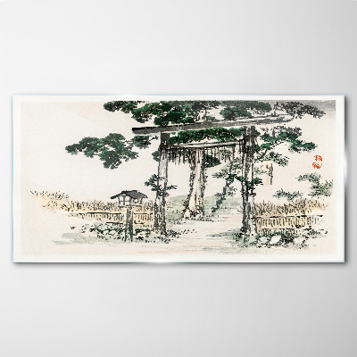 Tableau en verre Porte Torii dans un paysage paisible
