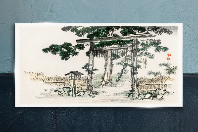 Tableau en verre Porte Torii dans un paysage paisible