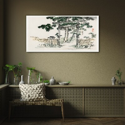 Tableau en verre Porte Torii dans un paysage paisible