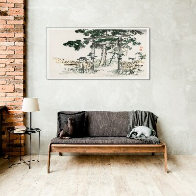 Tableau en verre Porte Torii dans un paysage paisible