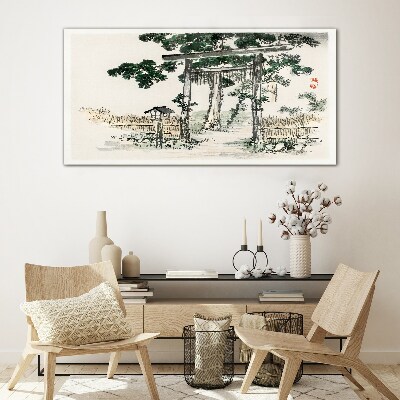 Tableau en verre Porte Torii dans un paysage paisible
