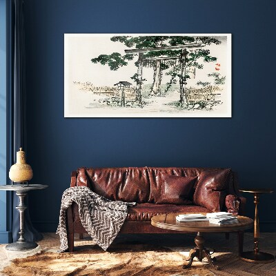 Tableau en verre Porte Torii dans un paysage paisible