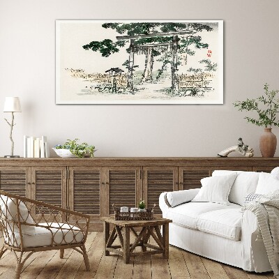 Tableau en verre Porte Torii dans un paysage paisible