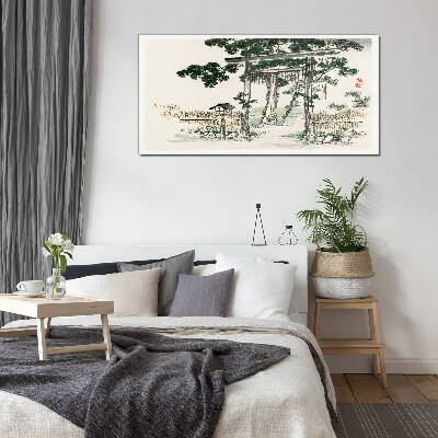 Tableau en verre Porte Torii dans un paysage paisible