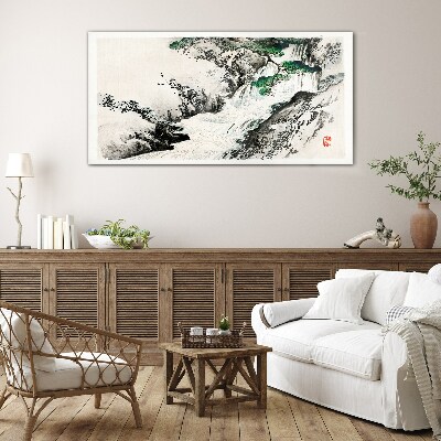 Tableau verre imprimé Cascade dans un paysage de montagne