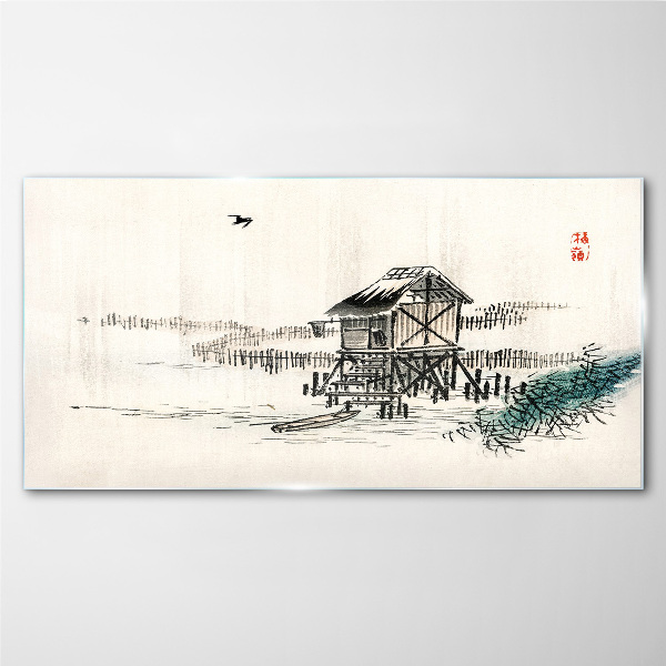 Tableau verre imprimé Un chalet tranquille au bord de l'eau