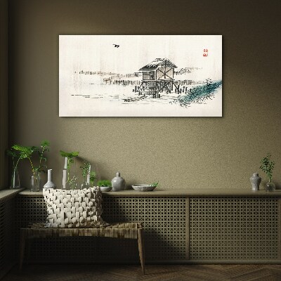 Tableau verre imprimé Un chalet tranquille au bord de l'eau