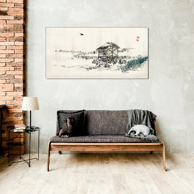 Tableau verre imprimé Un chalet tranquille au bord de l'eau