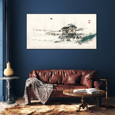 Tableau verre imprimé Un chalet tranquille au bord de l'eau