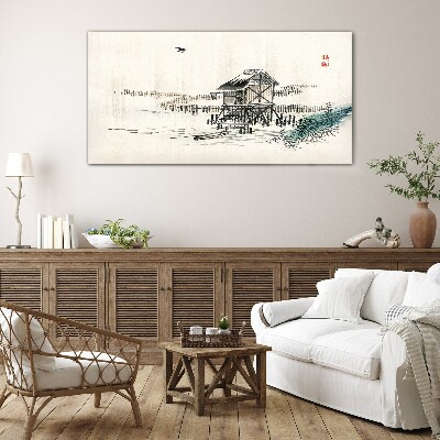 Tableau verre imprimé Un chalet tranquille au bord de l'eau