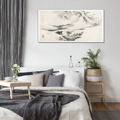 Tableau imprimé sur verre Paysage d'hiver avec un pont