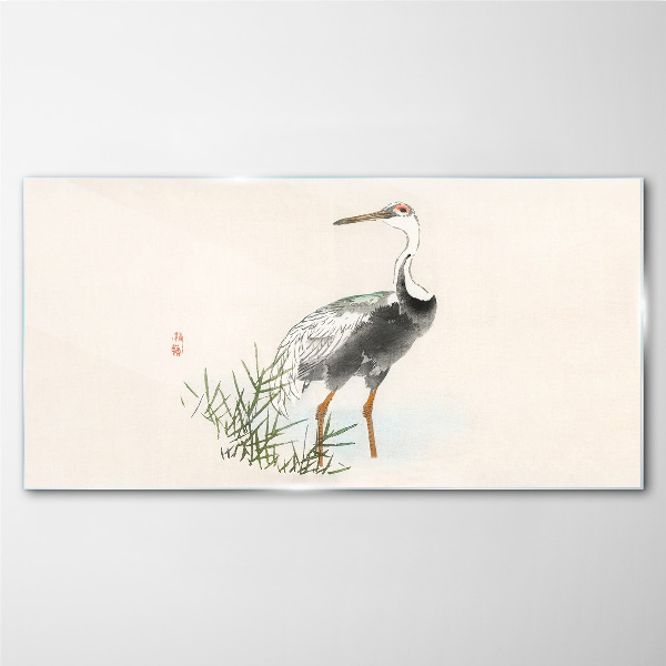 Tableau imprimé sur verre Cigogne noire sur fond d'herbe